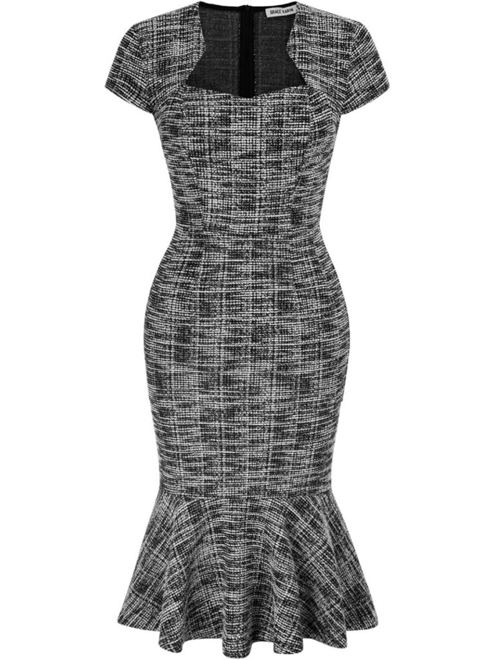 Women's Black Grey Cotton Blend Stretch Fabric Knee-Length Cap Sleeves Midi